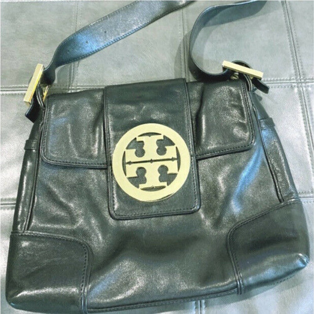 VINTAGE TORY BURCH BLACK LEATHER SHOULDER BAG WITH FLAP